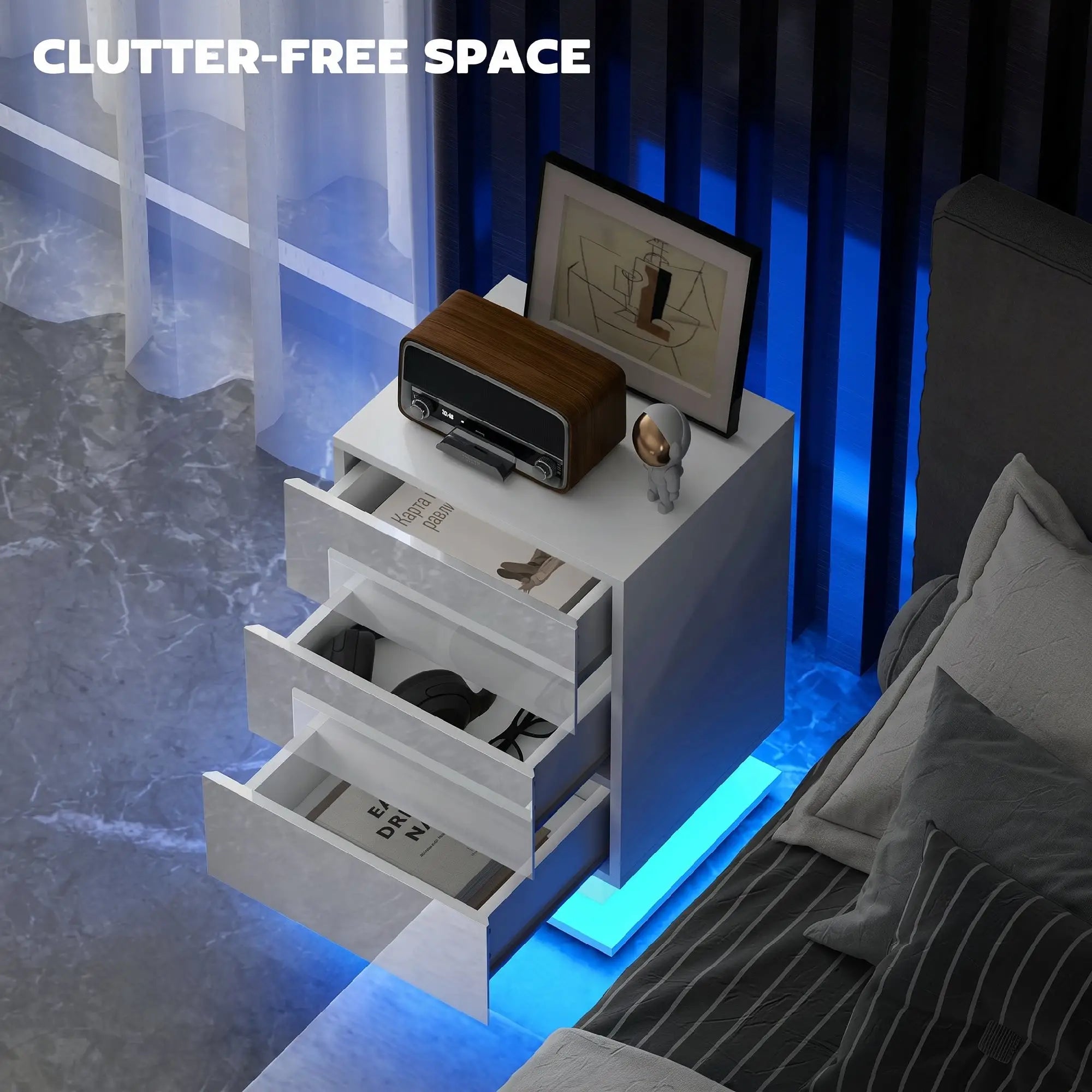 LED Nightstand with 3 Drawers, APP Control, White Bedside Tables at Gallery Canada