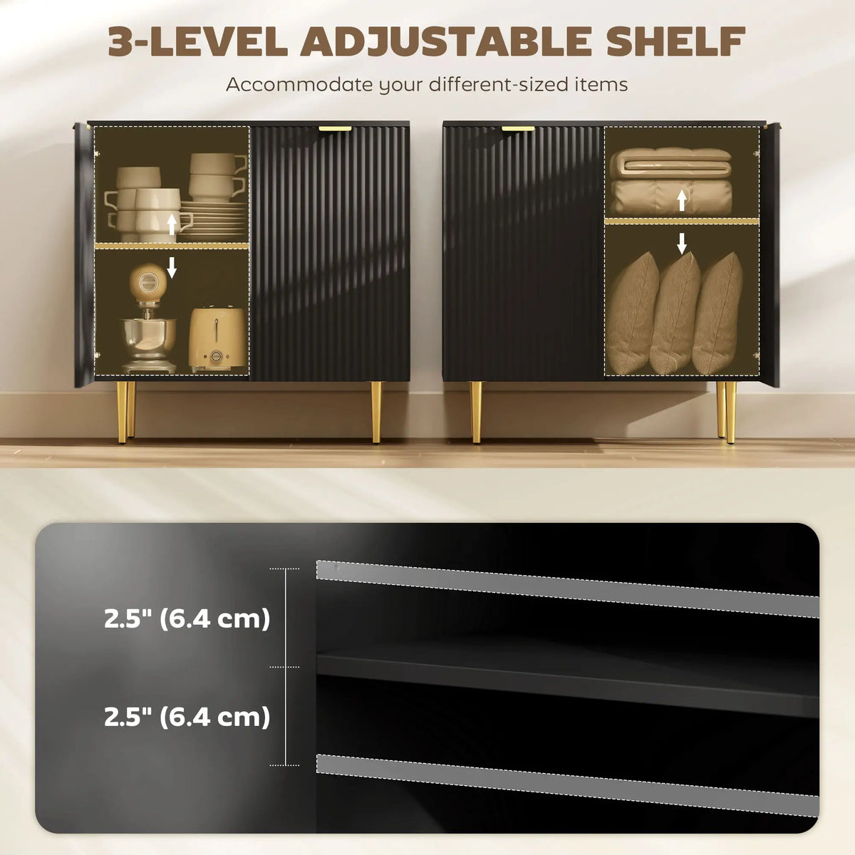 Modern Kitchen Storage Cabinet, Adjustable Shelves, Metal Legs, Black Bar Cabinets at Gallery Canada