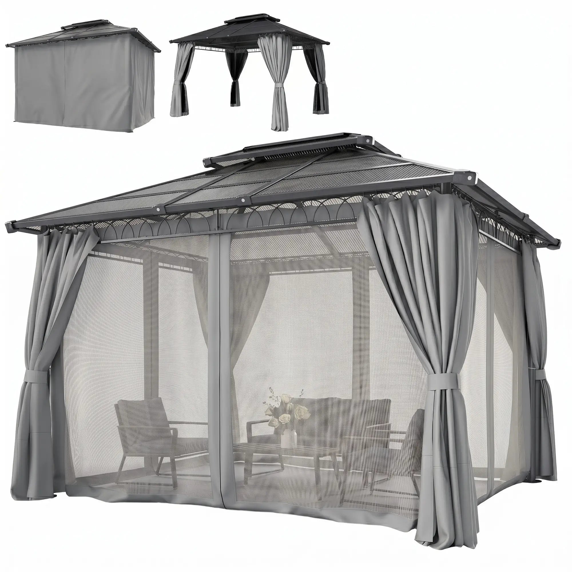 10' x 12' Outdoor Hardtop Gazebo, Steel Frame, Grey Gazebos Black Roof, Dark Grey Frame, Light Grey Curtains at Gallery Canada