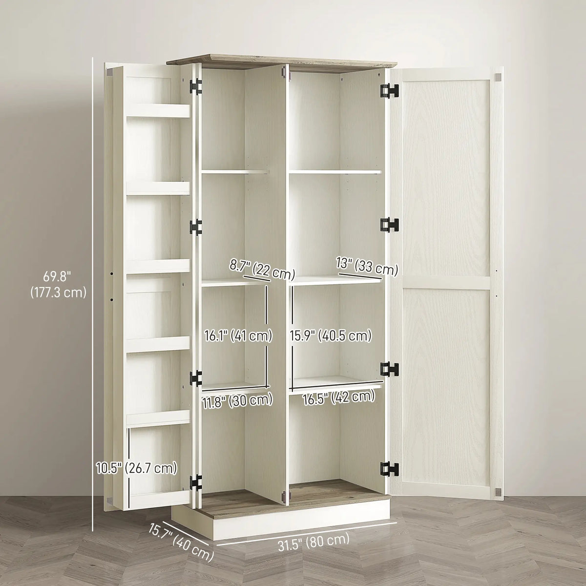 70" Tall Kitchen Pantry Cabinet, Adjustable Shelves, Cream White Kitchen Pantry Cabinets at Gallery Canada