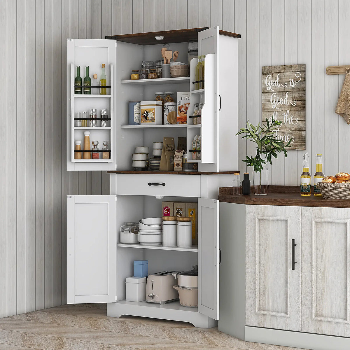 71" Tall Kitchen Cabinet, Farmhouse Pantry with Barn Doors, White Kitchen Pantry Cabinets at Gallery Canada