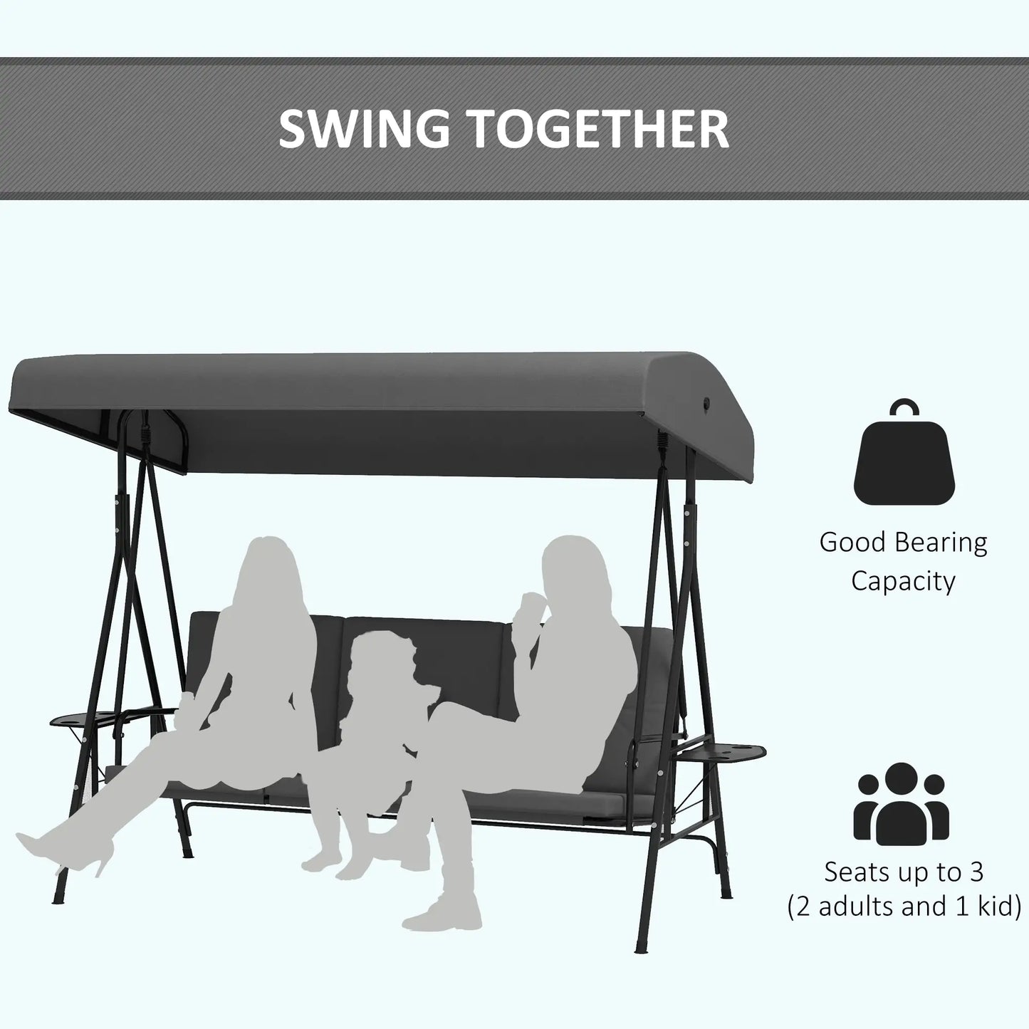 3-Seat Outdoor Swing With Adjustable Canopy, Side Tray, Removable Cushion, Grey Patio Swings with Stand at Gallery Canada