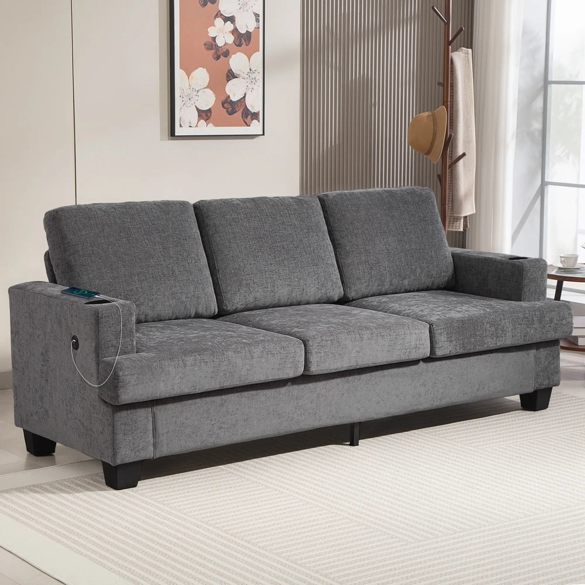 3 Seater Sofa with USB Ports, Cup Holders, Chenille Upholstery, Grey 3-Seater Sofas at Gallery Canada