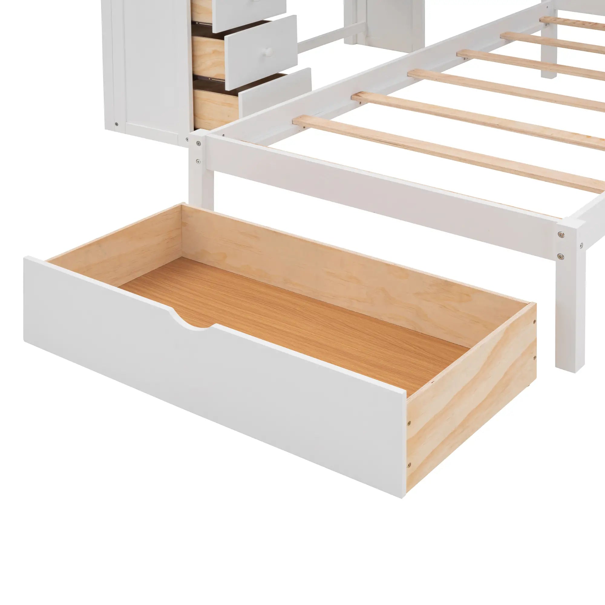 Over Twin Bunk Bed with Desk, Drawers, Shelves, 98