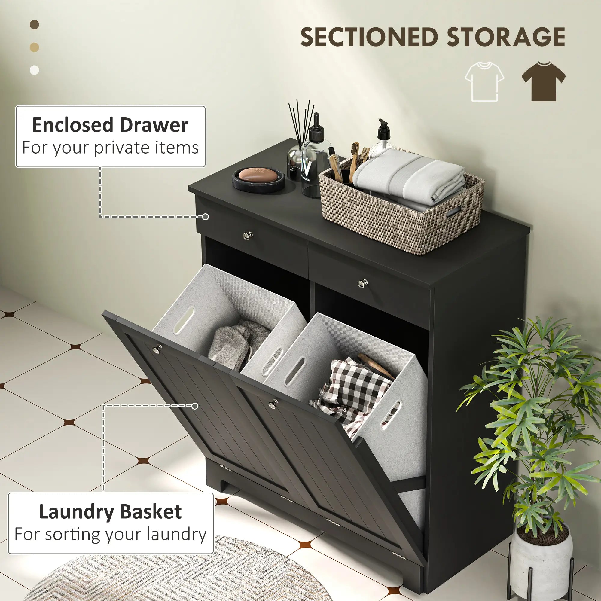 Laundry Cabinet, Tilt Out Hamper with 2 Baskets, 2 Drawers, Black Bathroom Cabinets at Gallery Canada