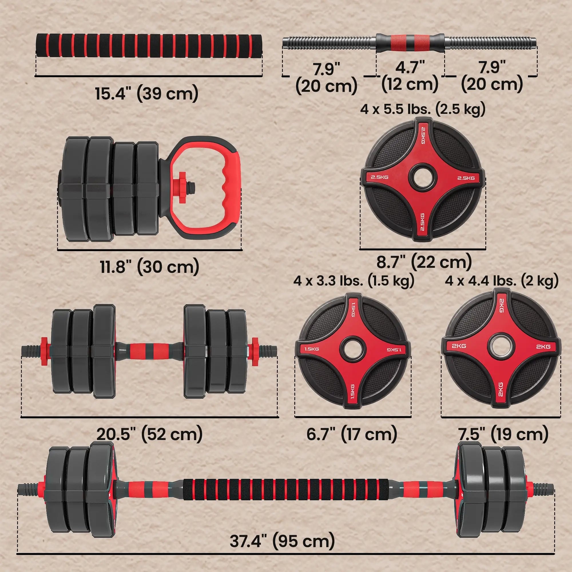 5-in-1 Adjustable Dumbbell Set 55 lbs, Black and Red Dumbbells & Barbells at Gallery Canada