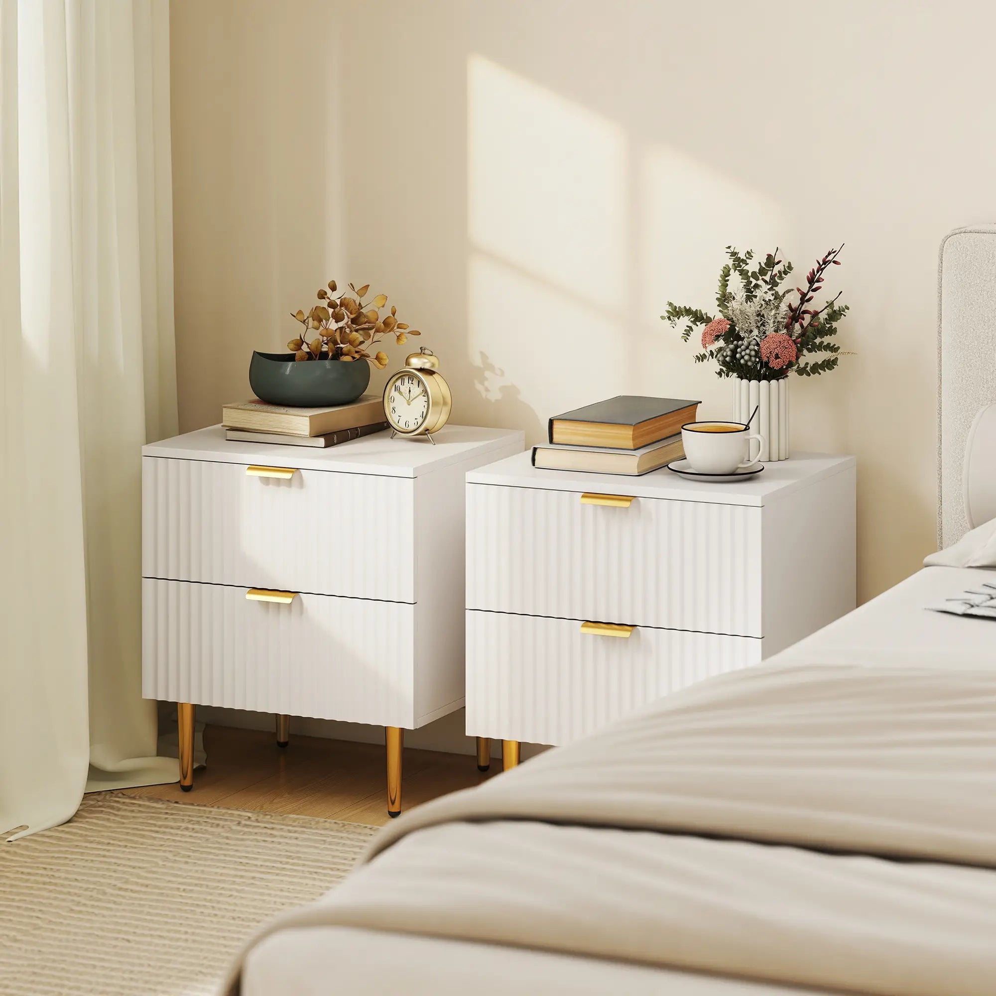 Modern Nightstand With 2 Drawers, Metal Legs For Bedroom, White Bedside Tables at Gallery Canada