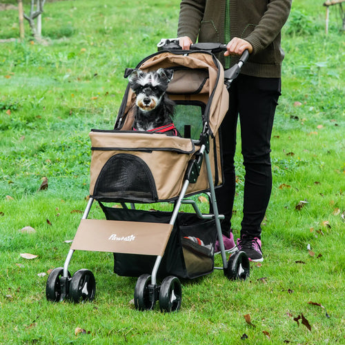 Foldable Pet Stroller, 4 Wheels, Storage Basket, Cup Holder, Coffee