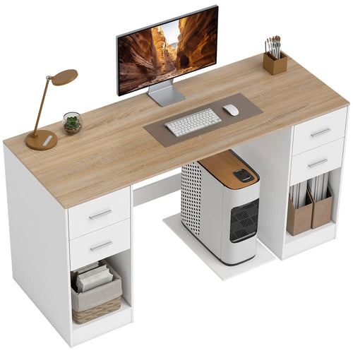 55 Inch Office Desk, White Wood Grain, 4 Reversible Drawers, Adjustable Shelf, White