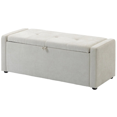 Storage Ottoman Bench, Linen Fabric, Wide Padded Seat, Cream White