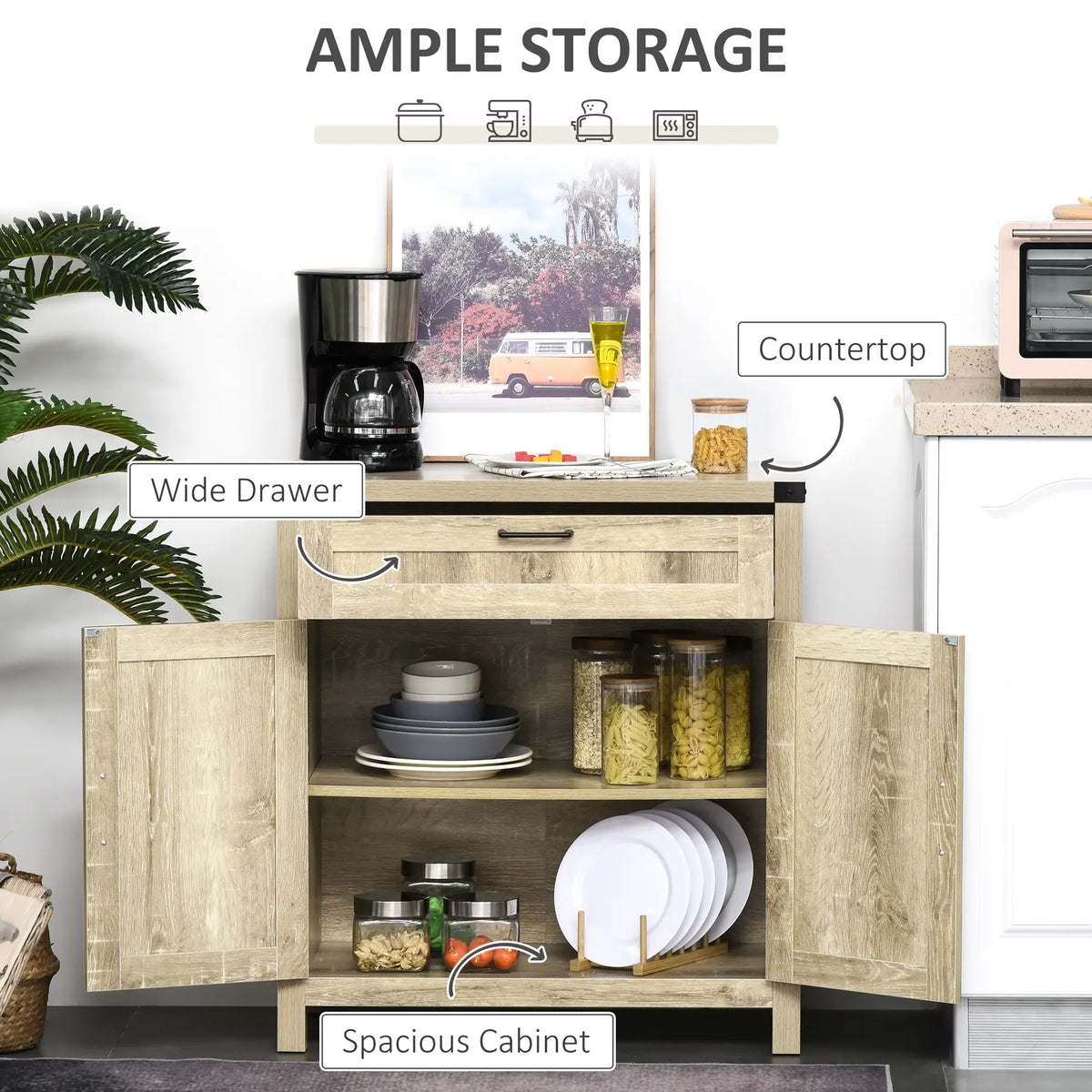 Farmhouse Kitchen Cabinet, Sideboard with 2 Barn Doors, Drawer, Oak Bar Cabinets at Gallery Canada