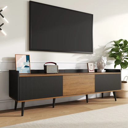 Three Door Stand, Raised Edge, Sturdy Wooden Legs, 63" L x 15.5" W x 19.5" H, Natural, Black TV Stands at Gallery Canada