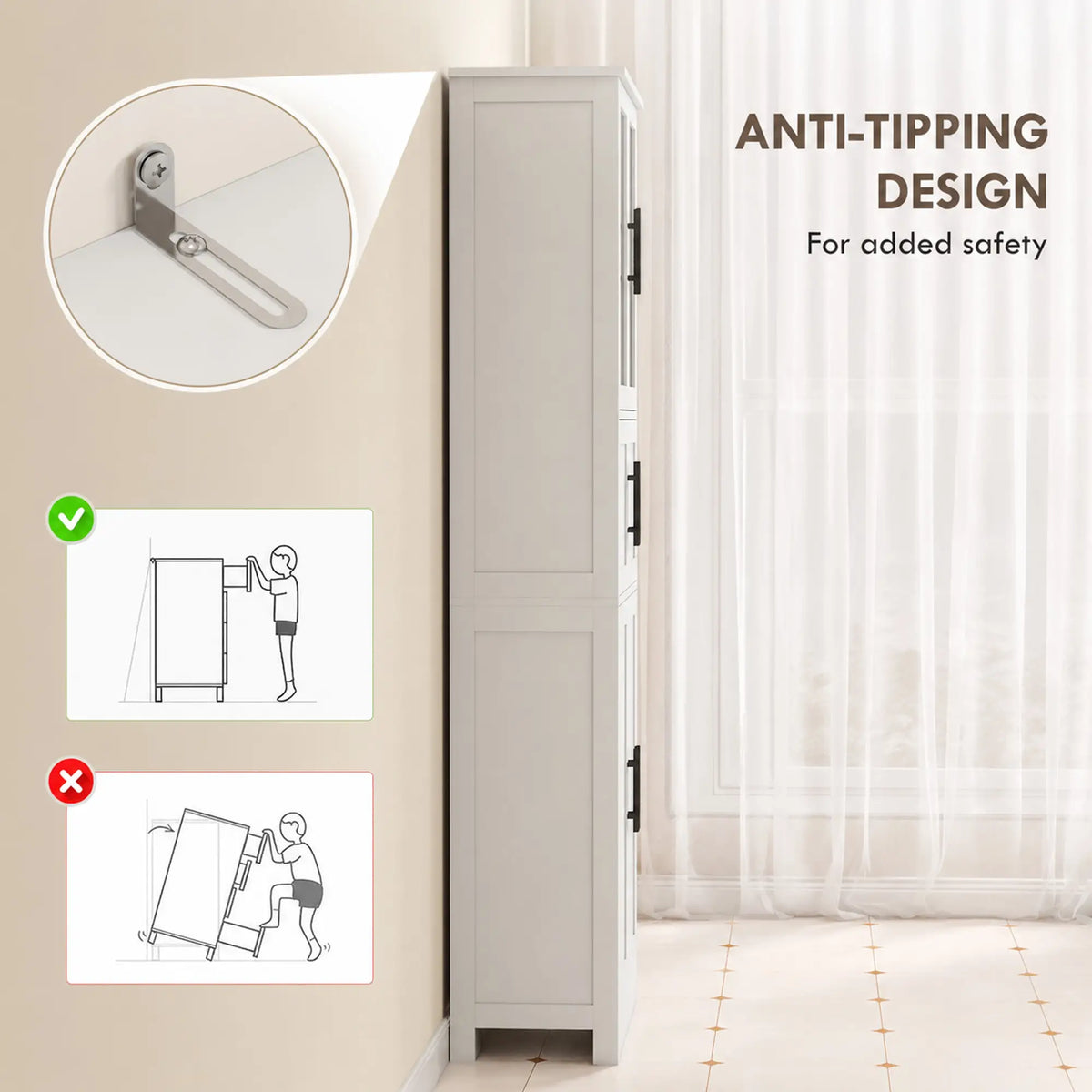 67" Tall Bathroom Storage Cabinet, Glass Doors, Adjustable Shelves, White Bathroom Cabinets at Gallery Canada