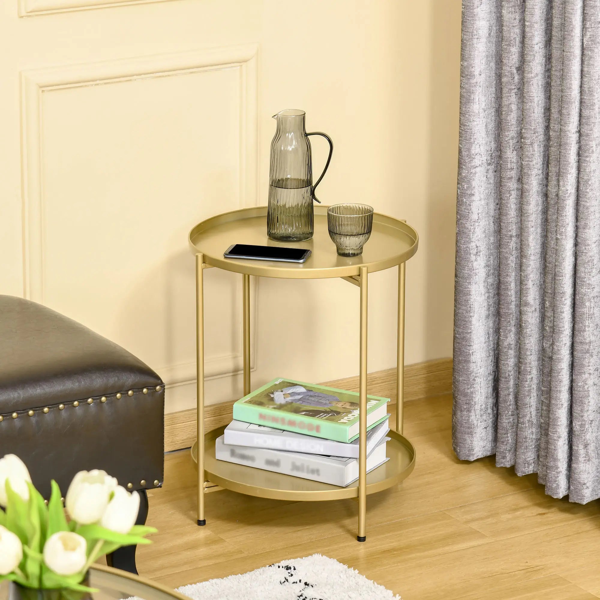 2-Tier Gold Side Table, Round Nightstand, Removable Trays, Folding Metal Frame, Gold Side Tables at Gallery Canada