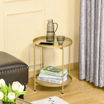 2-Tier Gold Side Table, Round Nightstand, Removable Trays, Folding Metal Frame, Gold Side Tables at Gallery Canada