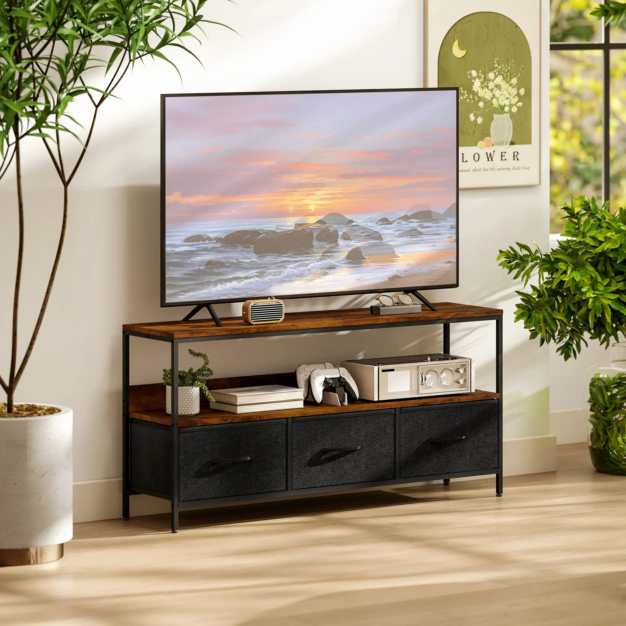 TV Stand with Charging Station, 3 Foldable Drawers, 55 Inch, Rustic Brown TV Stands at Gallery Canada