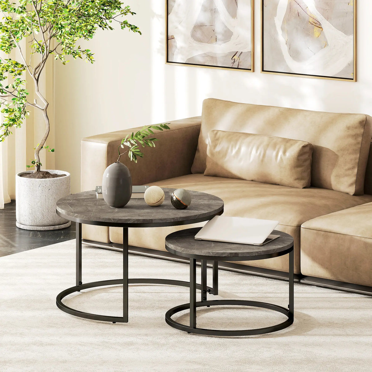 Modern Coffee Table Set of 2, Nesting Side Tables, Metal Base, Faux Marbled Grey, Grey Coffee Tables at Gallery Canada