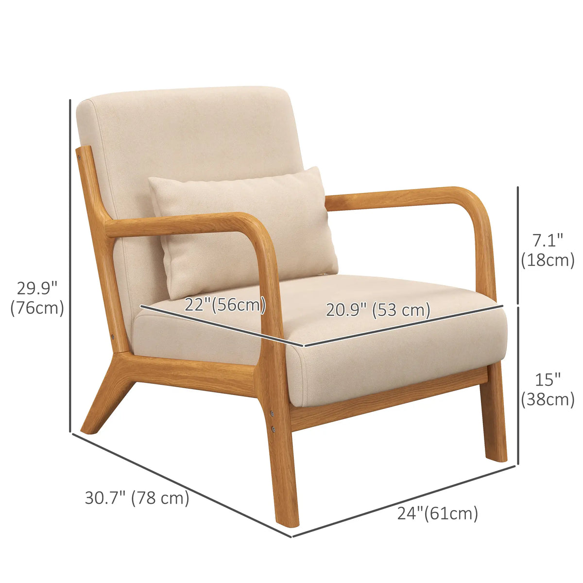Retro Velvet Accent Chair, Wood Legs, Beige, Bedroom Lounge, Beige