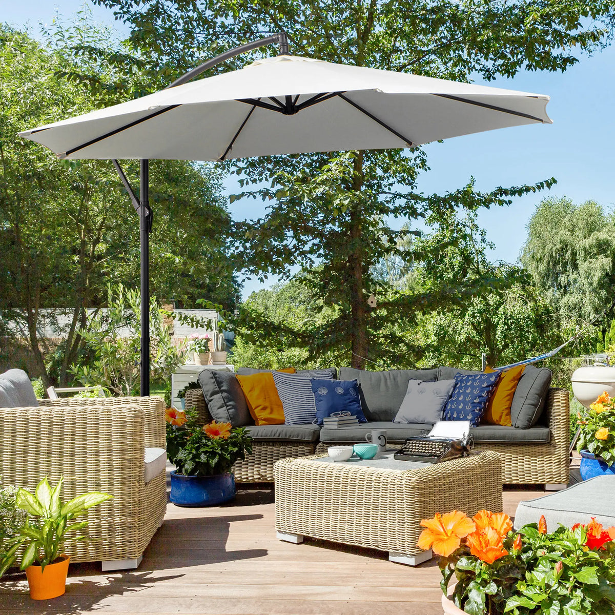 9.7ft Offset Patio Umbrella, Crank Handle, 8 Ribs, Cross Base, Cream Cantilever Umbrellas Cream at Gallery Canada