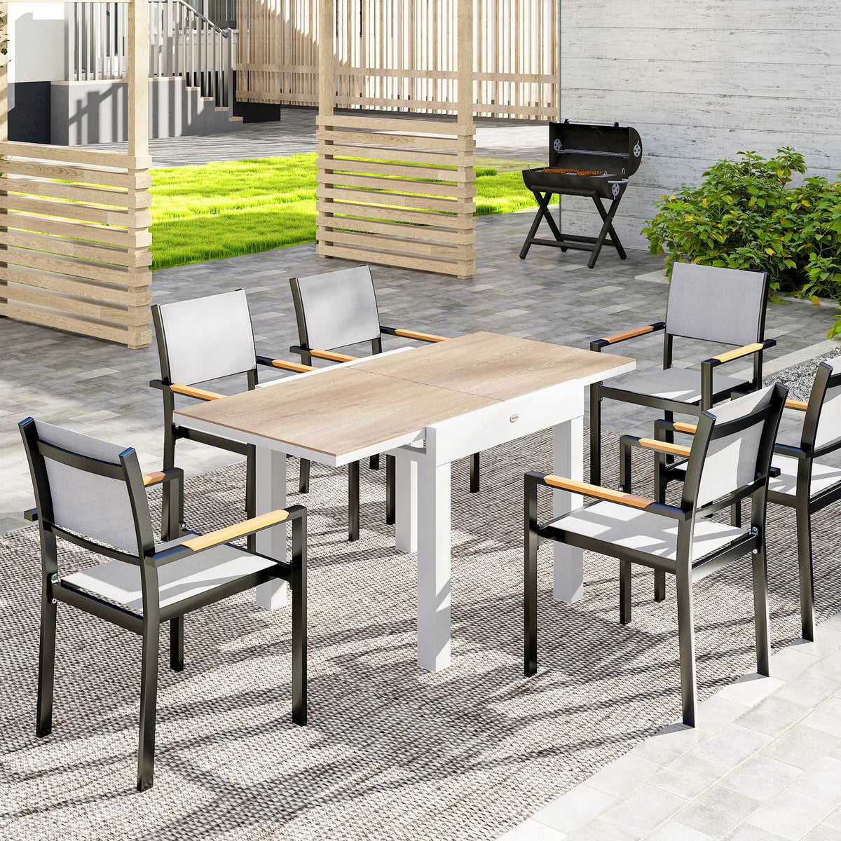 Extendable Patio Dining Table, Aluminum Frame, Faux Wood Top, Natural Wood Patio Dining Tables at Gallery Canada