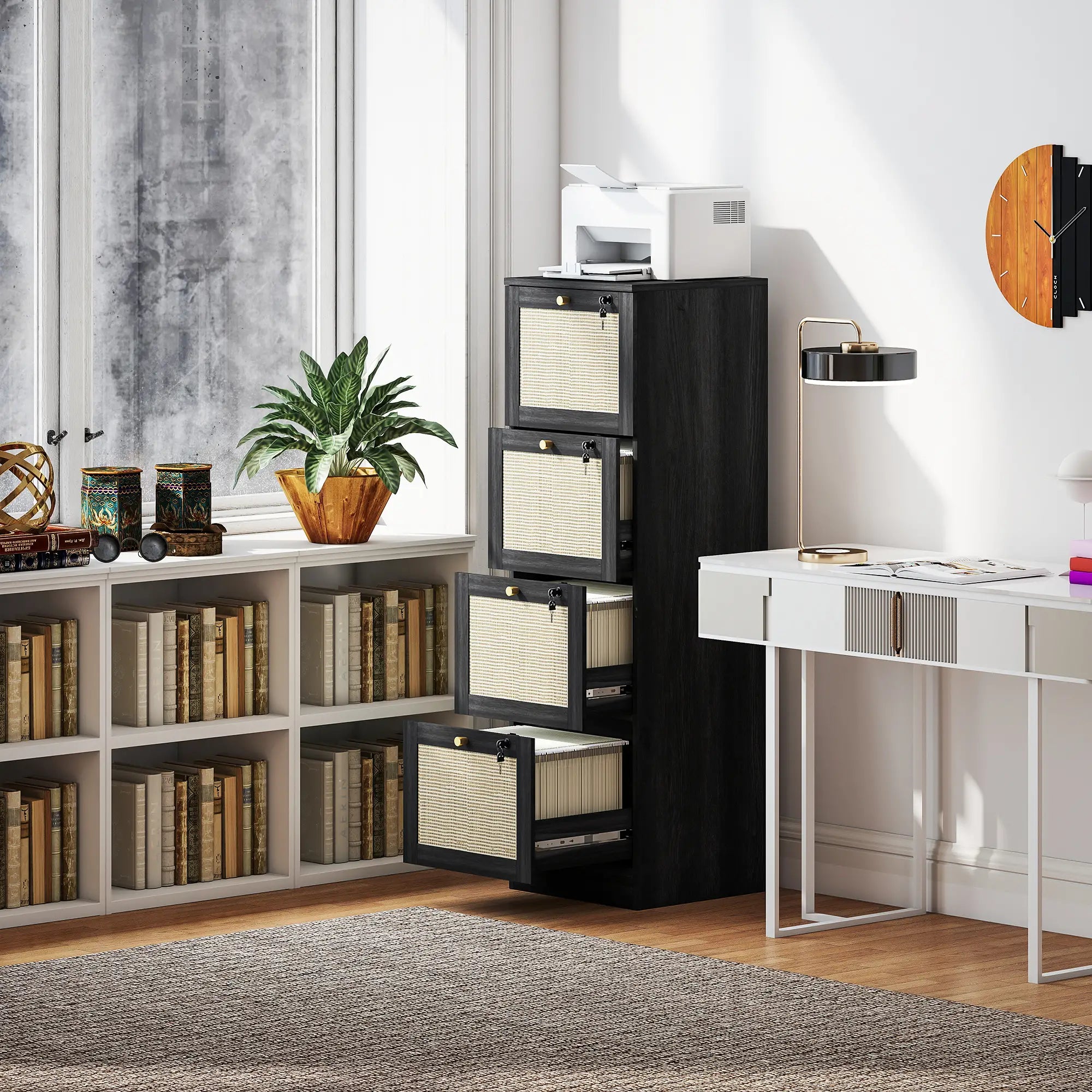 4 Drawer Filing Cabinet with Lock, Boho Style, A4 Letter Size, Black Office Cabinets & Cupboards at Gallery Canada