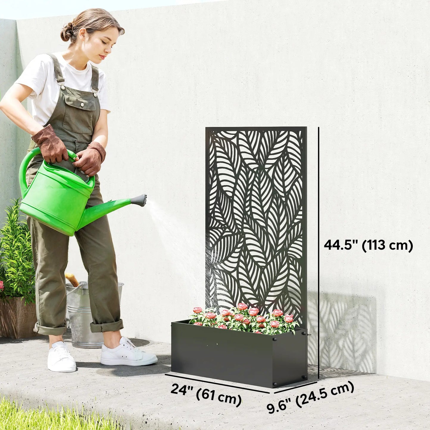 Metal Planter Box With Trellis, 44.5" Raised Garden Bed, Leaves Cut-Out Galvanized Planter Boxes at Gallery Canada