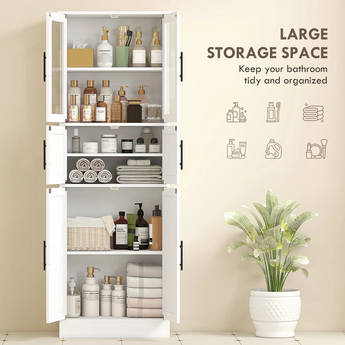 67" Tall Bathroom Storage Cabinet, Glass Doors, Adjustable Shelves, White Bathroom Cabinets at Gallery Canada