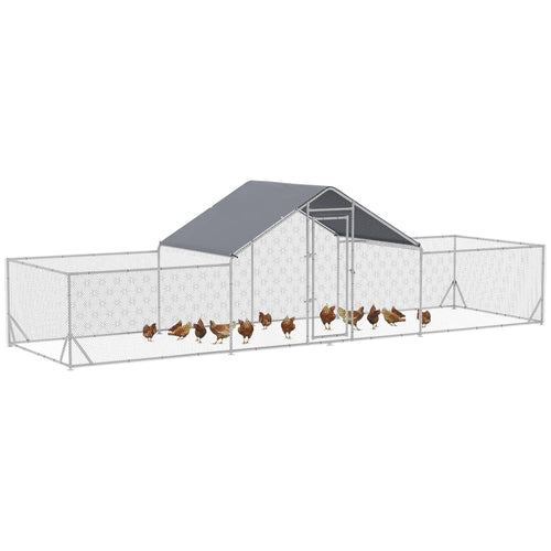 23' x 6.6' Metal Chicken Coop, Waterproof Anti-UV Cover, Spire Roof, Door, for 12-14 Chickens, Ducks, Rabbits, Sliver