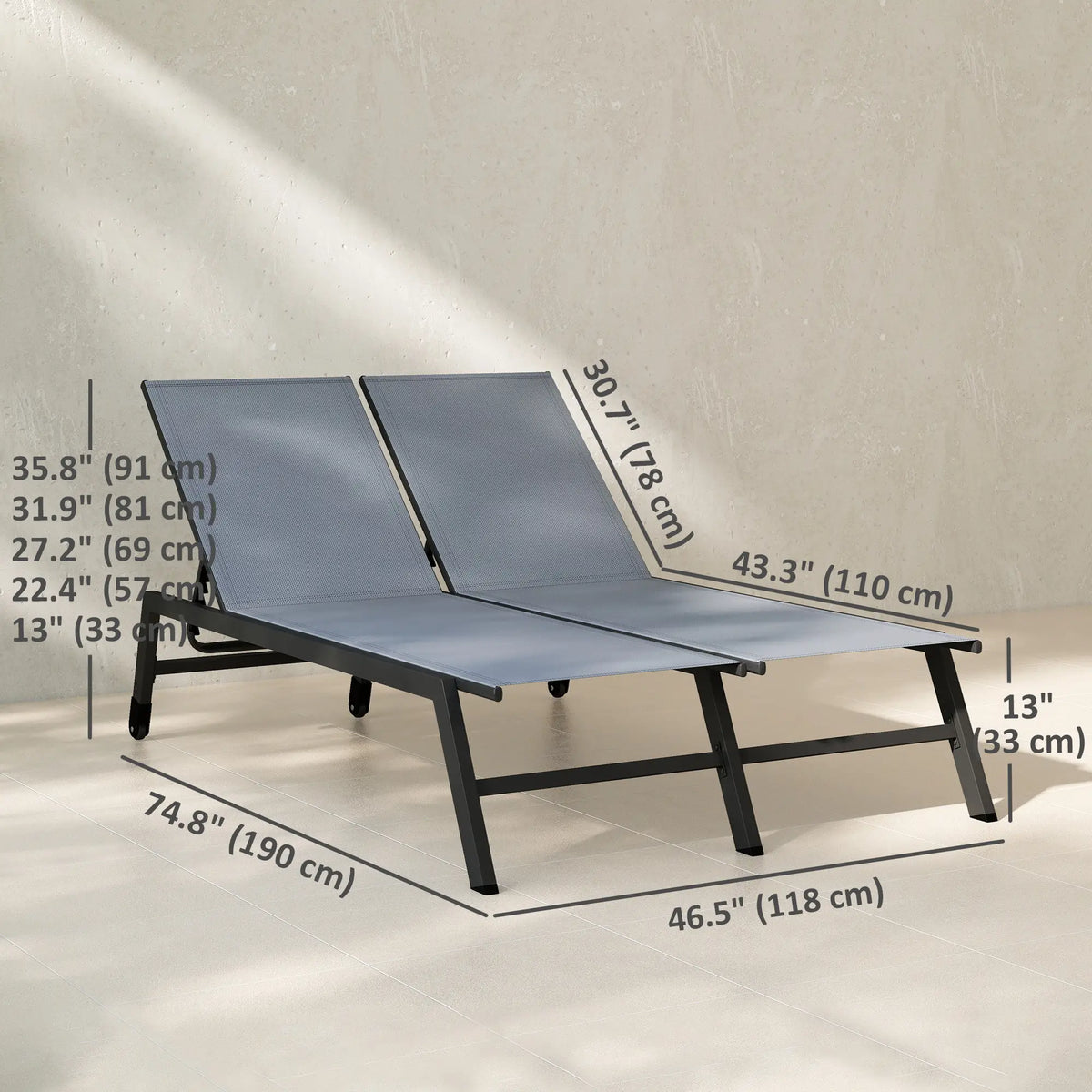 Chaise Lounge Chair For 2 Person, 5-Position Adjustable With Wheels