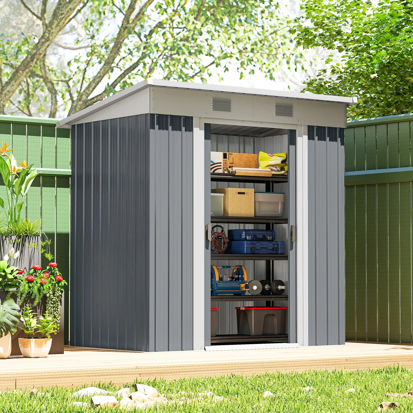 6' x 4' Metal Garden Shed, Lockable Sliding Doors, Vents, Grey Sheds at Gallery Canada