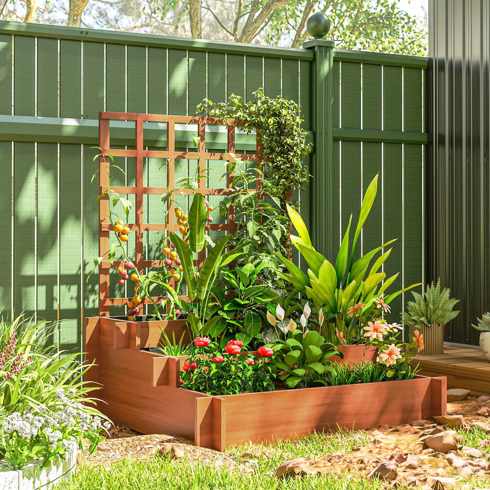 Wooden Elevated Planter Box with Trellis, 3 Tier Raised Garden Bed, Brown Raised Garden Beds at Gallery Canada