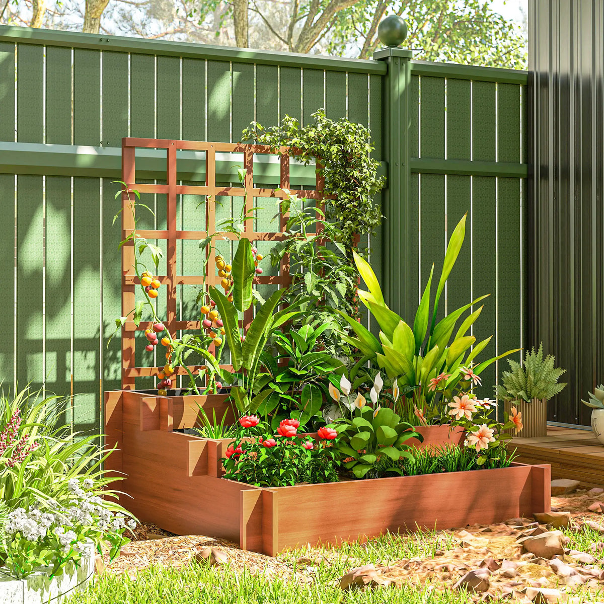 Wooden Elevated Planter Box with Trellis, 3 Tier Raised Garden Bed, Brown Raised Garden Beds at Gallery Canada