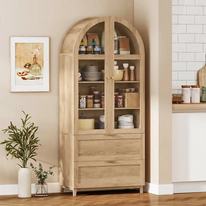 Arched Pantry Cabinet 71" Tall Oak, 2 Drawers, Oak Kitchen Pantry Cabinets at Gallery Canada