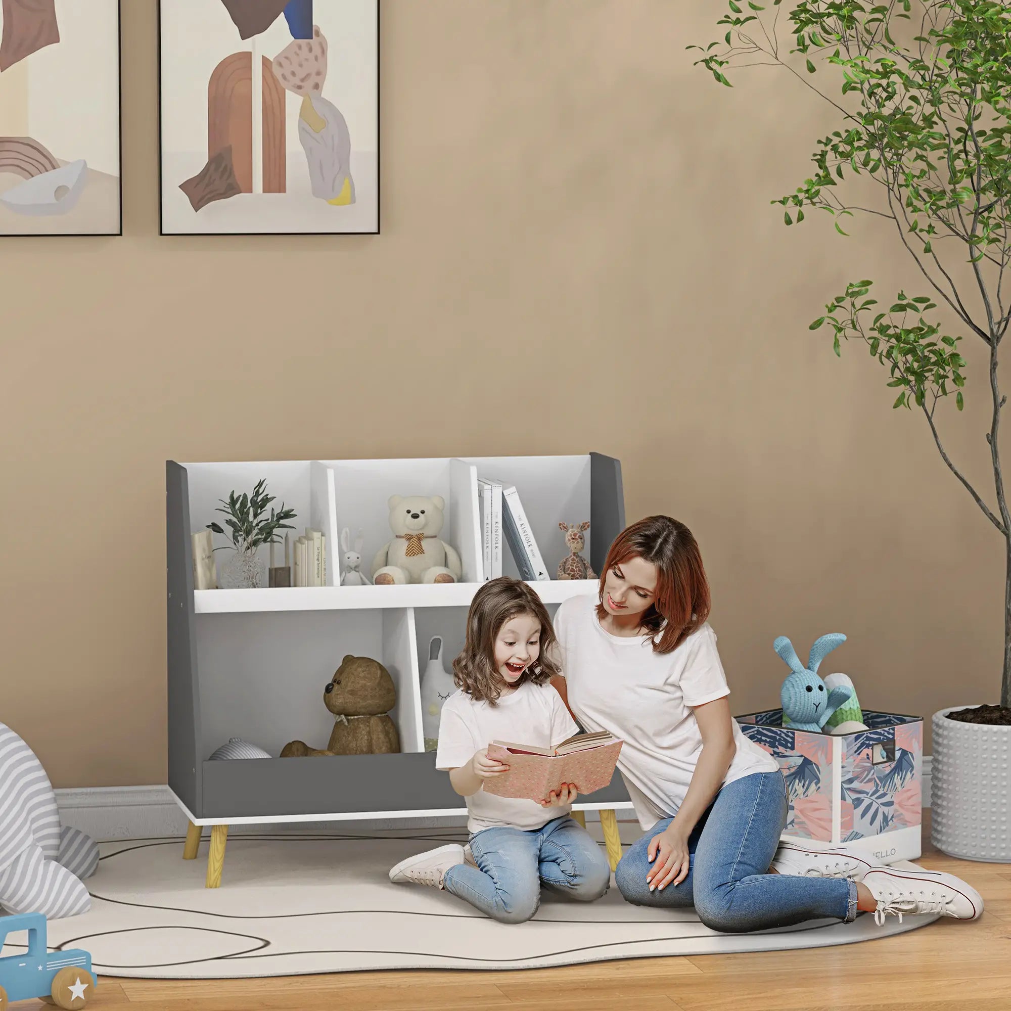 2 Tier Kids Toy Organizer, 5 Compartments, Anti-Tip, Nursery, Playroom, Grey Bookshelves & Bookcases at Gallery Canada