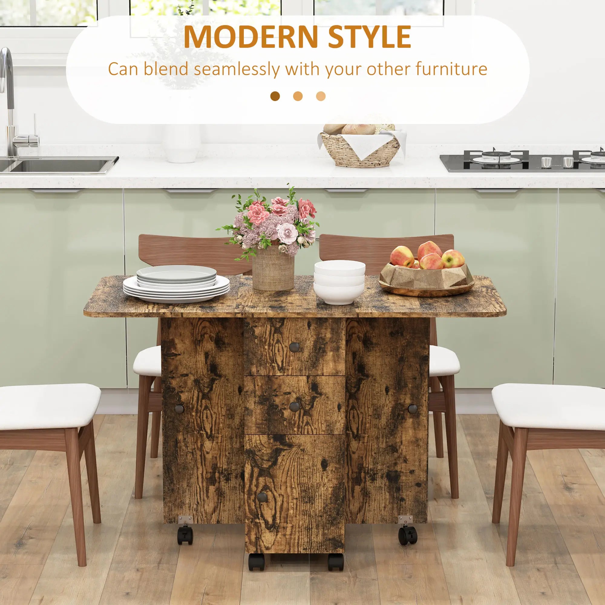 Drop Leaf Dining Table, Mobile Folding Table With Drawers, Rustic Brown, Brown Bar Tables & Dining Tables at Gallery Canada