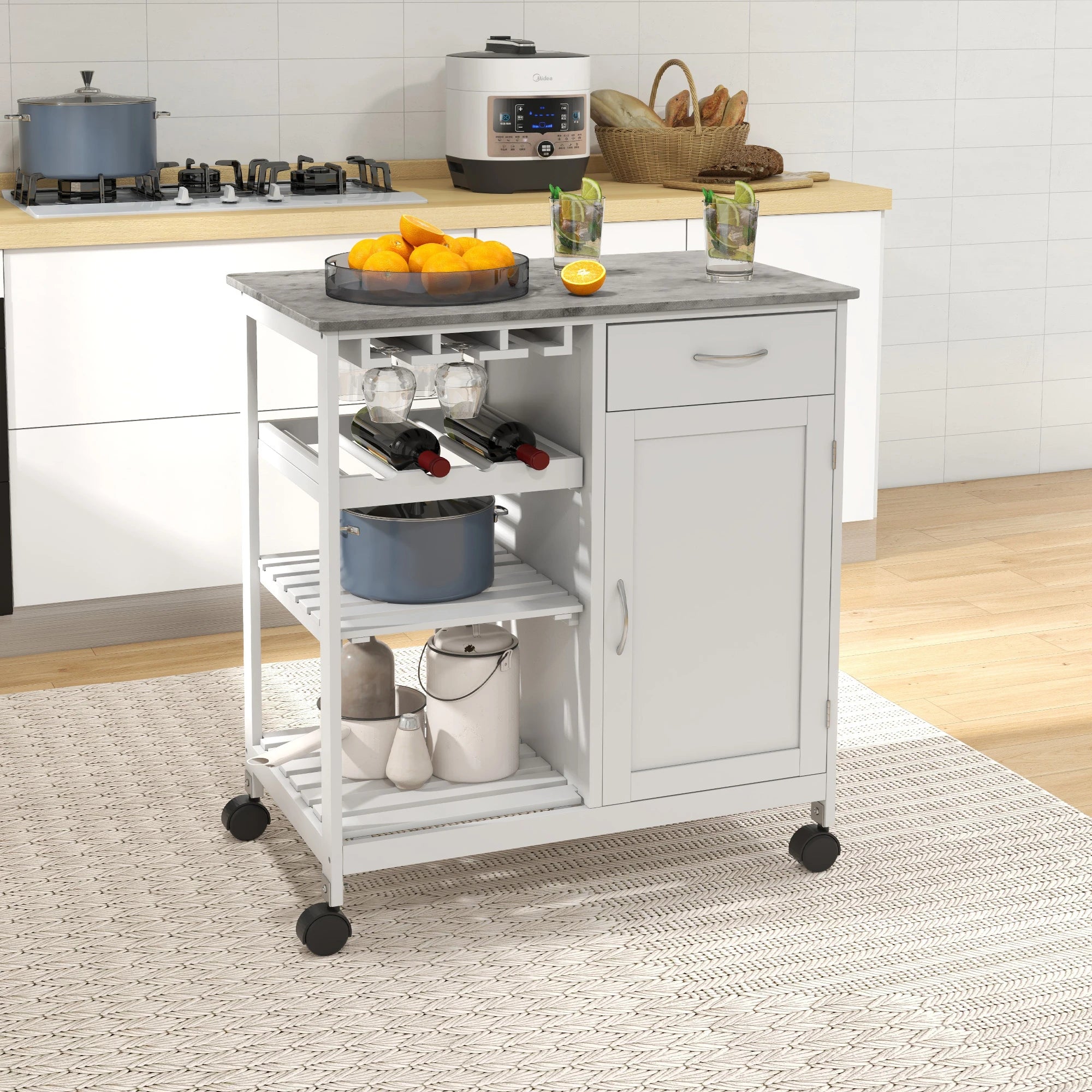 Rolling Kitchen Cart, Bar Cart with Wine Rack, Drawer, Shelves, White Kitchen Islands & Kitchen Carts at Gallery Canada