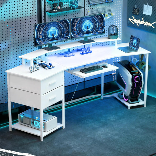 79 Inch Gaming Desk With RGB Lights, Power Outlets, USB Ports, White