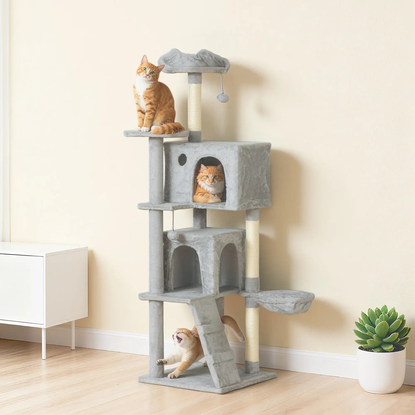 63 Inch Cat Tree, Sisal Scratching Posts, Condos, Plush Perches, Hammock, Ladder, Dangling Balls, Light Grey Cat Towers at Gallery Canada