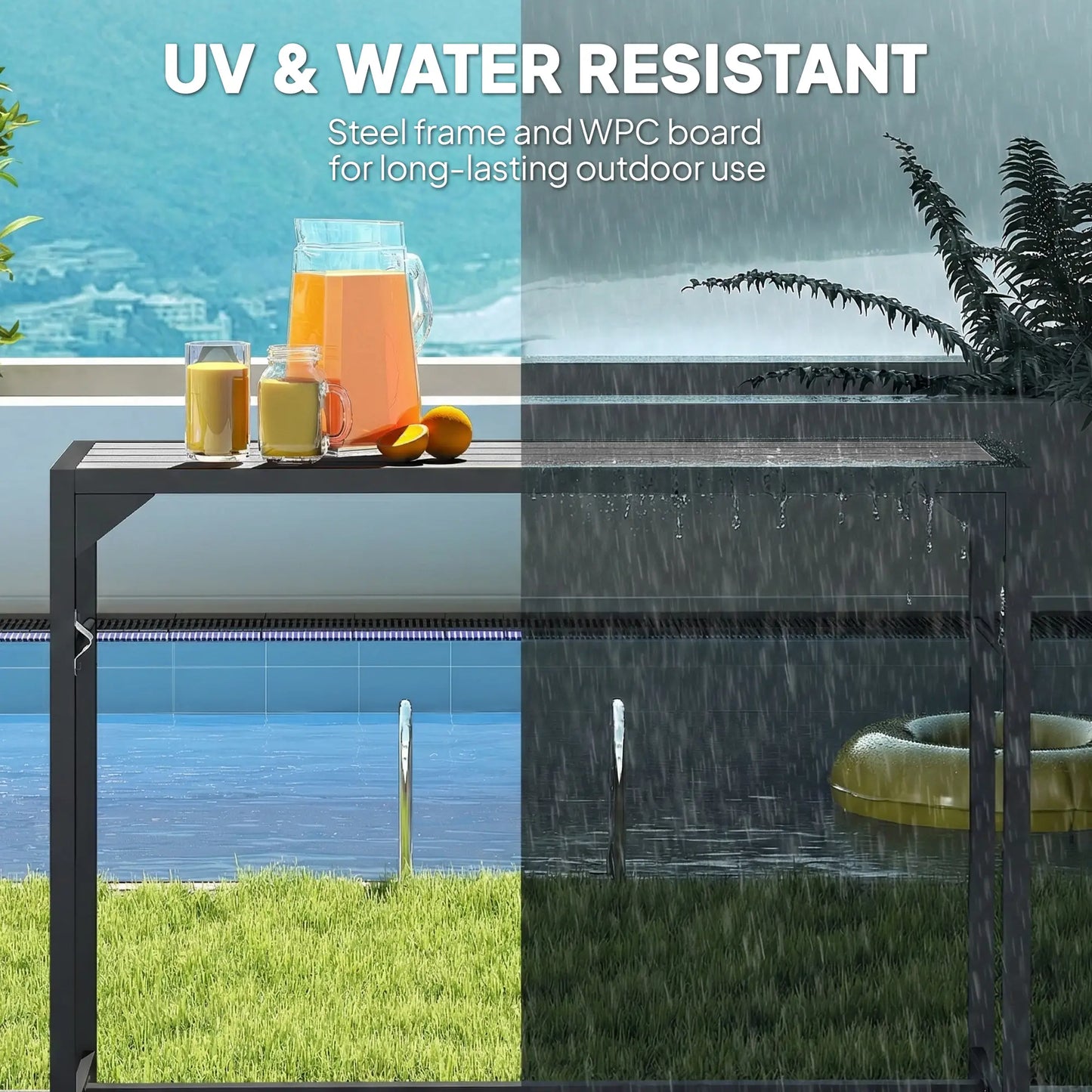 Outdoor Bar Table With Bottle Opener, Wood Grain Plastic Top, 55" x 15" x 39" Patio Dining Tables at Gallery Canada