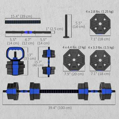 4-in-1 Adjustable Dumbbell Set, Kettlebell, Barbell, Dumbbell, 44lbs, Blue Dumbbells & Barbells at Gallery Canada