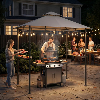 8' x 5' BBQ Grill Gazebo Tent, Double Tiered Canopy, Outdoor Sun Shade, Grey