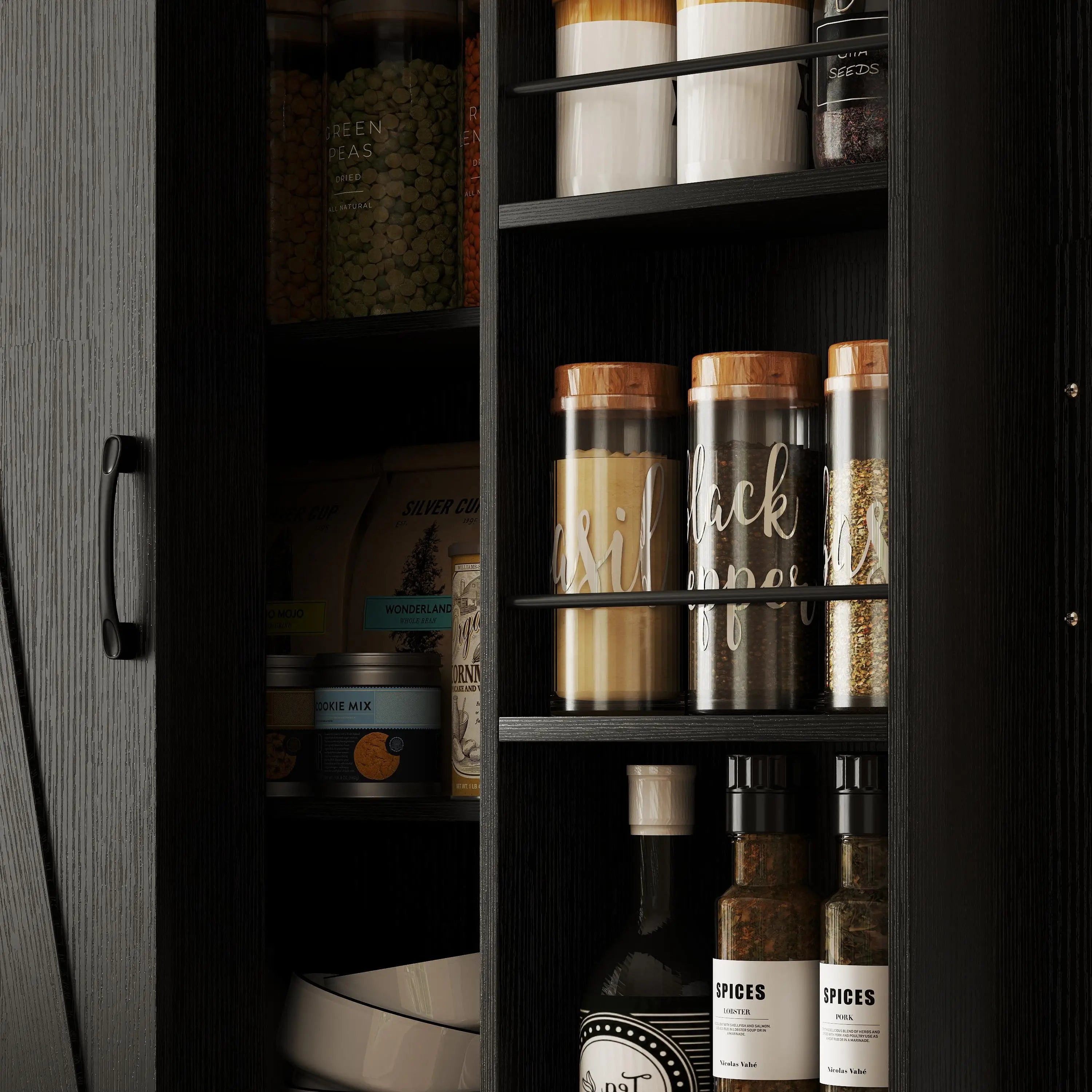 72 Inch Kitchen Pantry Cabinet, Farmhouse Storage, 4 Barn Doors, Black Kitchen Pantry Cabinets at Gallery Canada