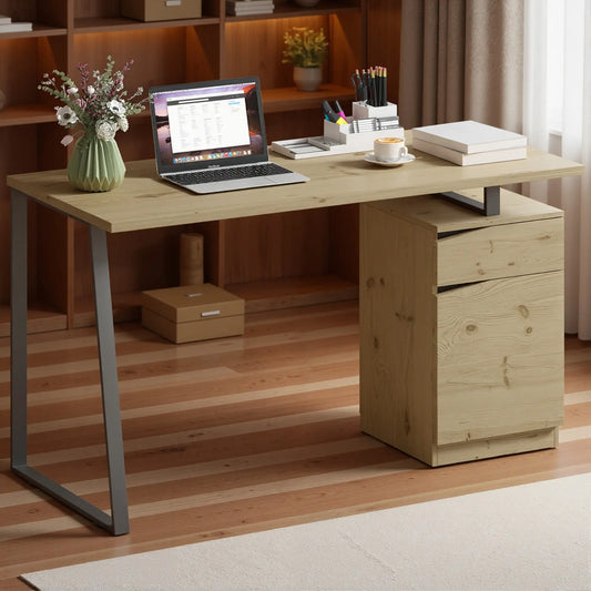 53 Inch Computer Desk, Writing Table with Cabinet, Drawer, Adjustable Shelf Office Desks & Work Stations Natural Wood, Black at Gallery Canada