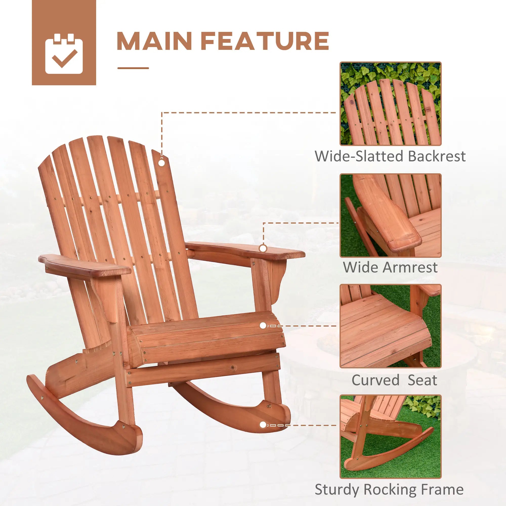 Wooden Adirondack Rocking Chair, Slatted Design, Teak Outdoor Rocking Chairs at Gallery Canada