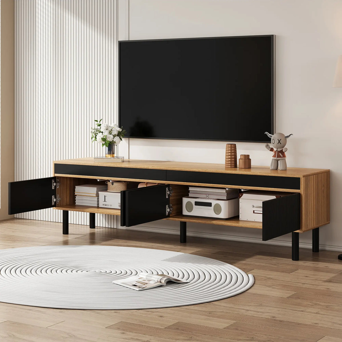 Elegant Stripe Design Stand, Sturdy Wooden Legs, 3 Doors, 67" L x 15" W x 18.5" H, Natural, Black TV Stands at Gallery Canada