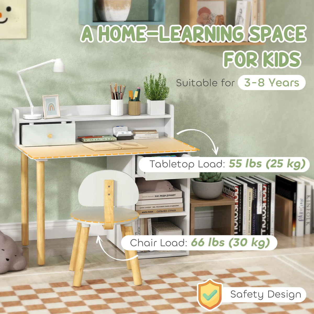 Kids Study Table and Chair Set with Storage, for 3-8 Year Old, Green Kids Desk Sets at Gallery Canada