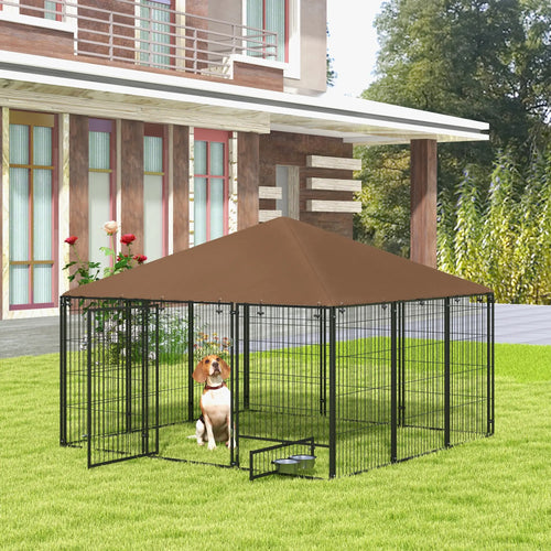 6.9' x 6.9' x 5' Outdoor Dog Kennel, Canopy, Rotating Bowls, Coffee