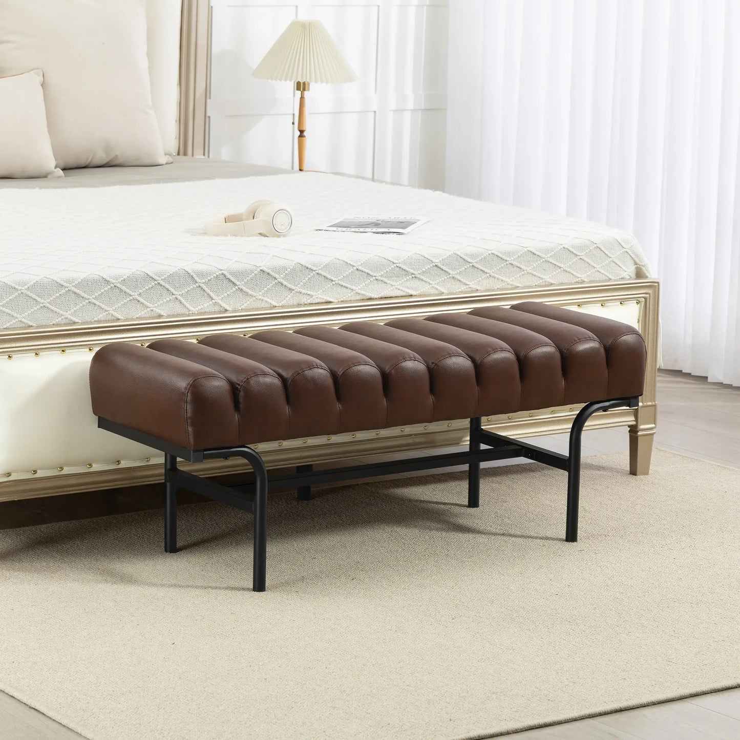 PU Leather Bed Bench, Cylindrical Seat, Metal Legs, Brown Storage Ottomans & Benches at Gallery Canada