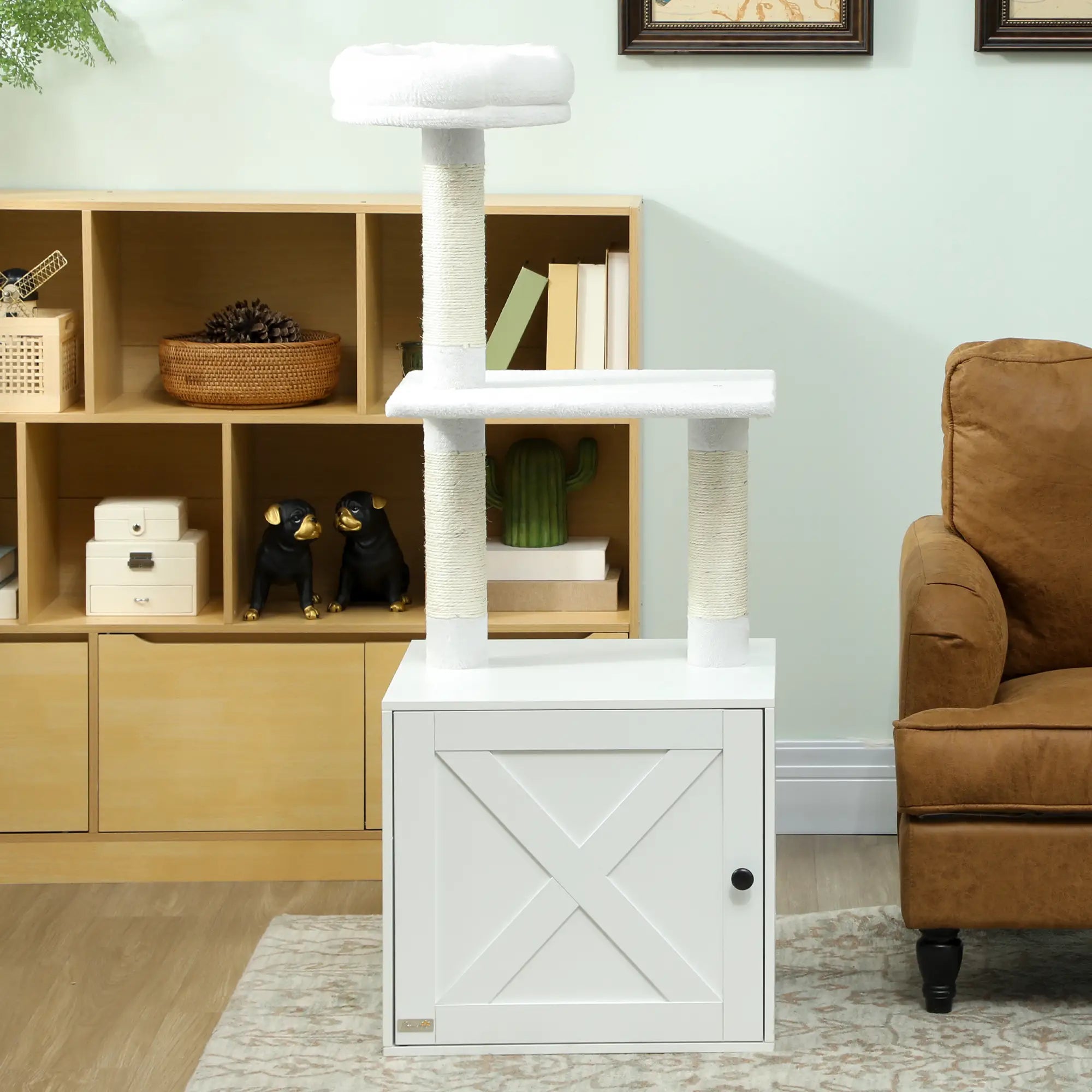 Cat Tree with Litter Box, Scratching Posts, Large Platform, Bed, White Cat Litter Box Enclosures at Gallery Canada