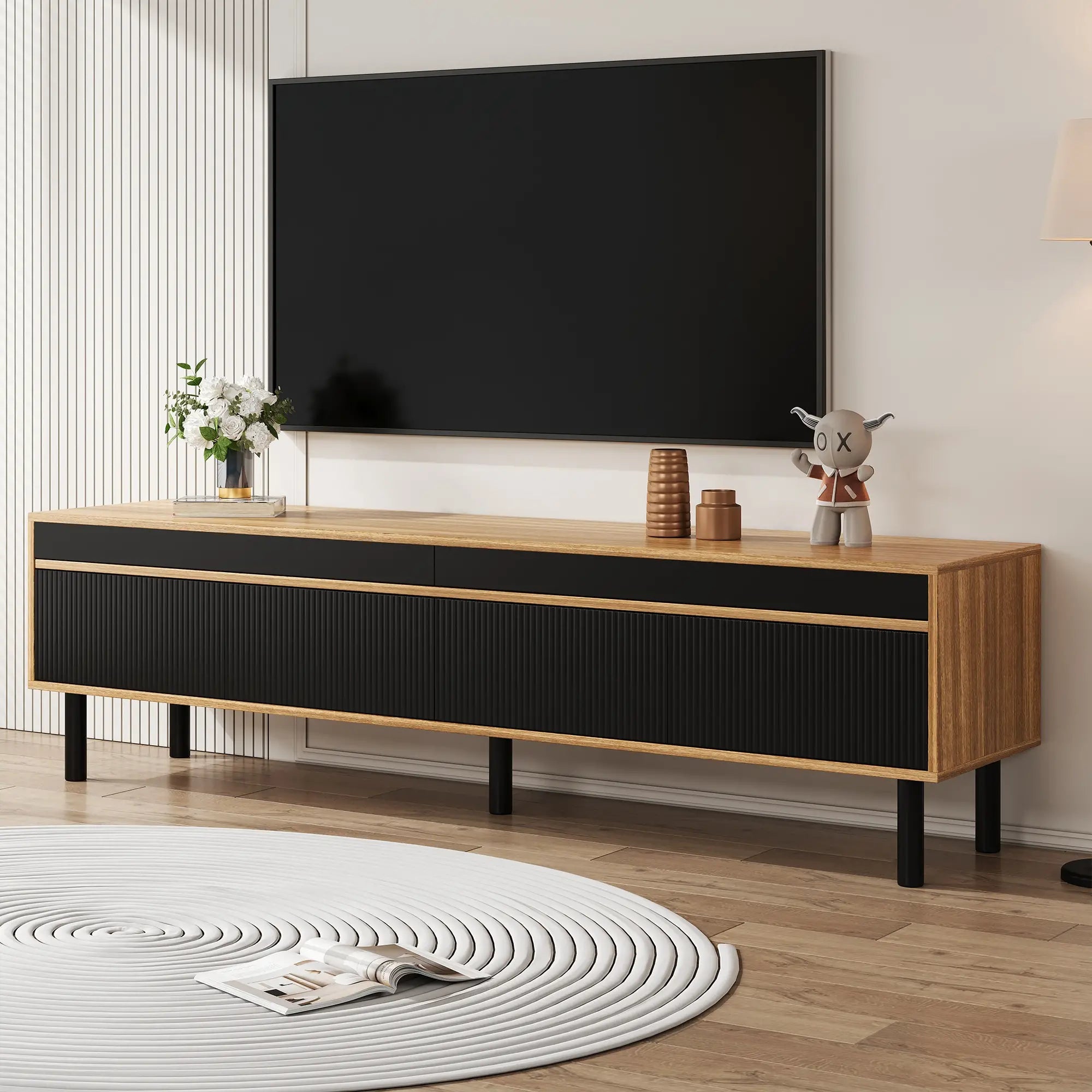 Elegant Stripe Design Stand, Sturdy Wooden Legs, 3 Doors, 67